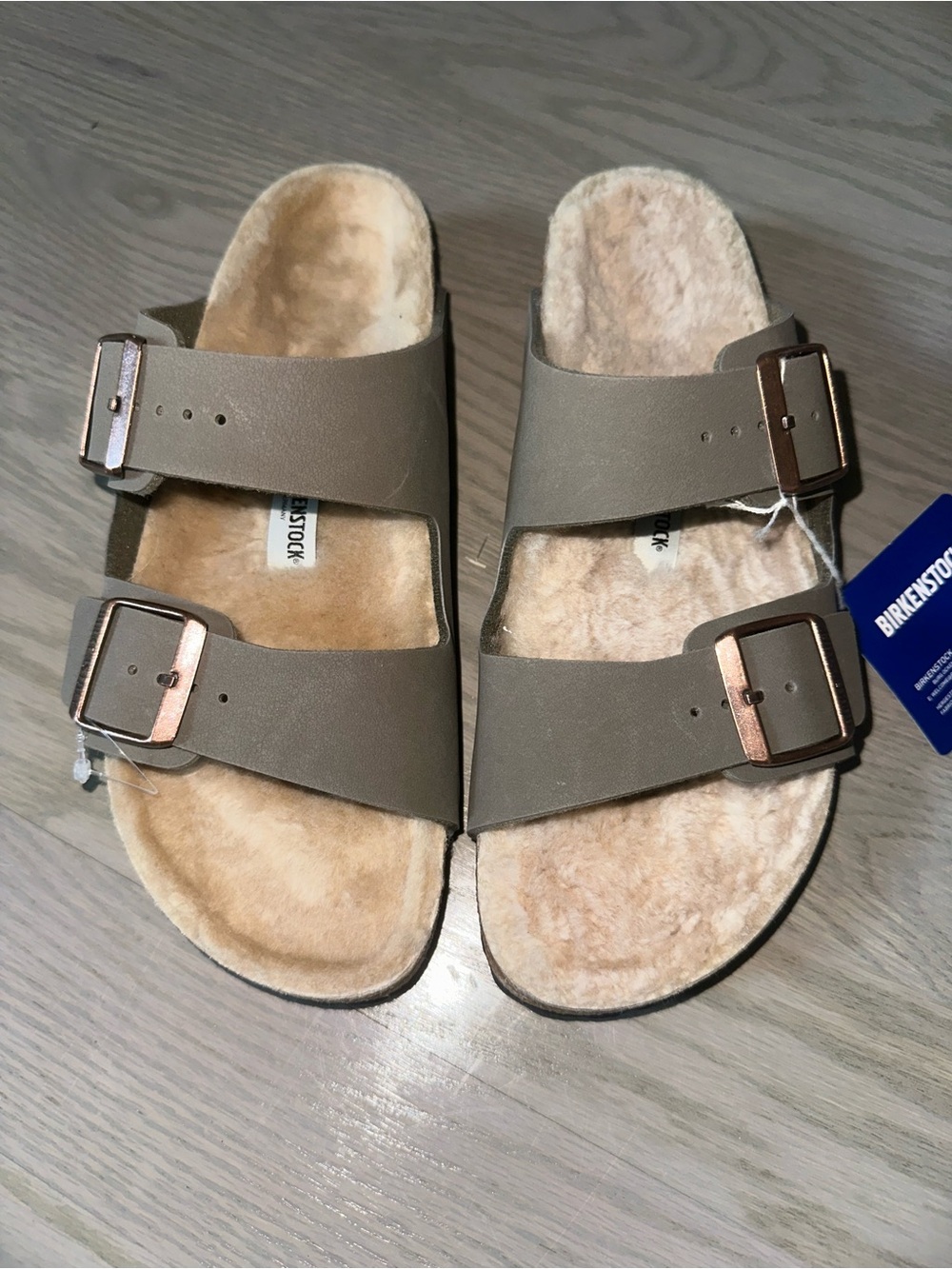 Birkenstock Taupe Sandal with Rose Gold Buckles